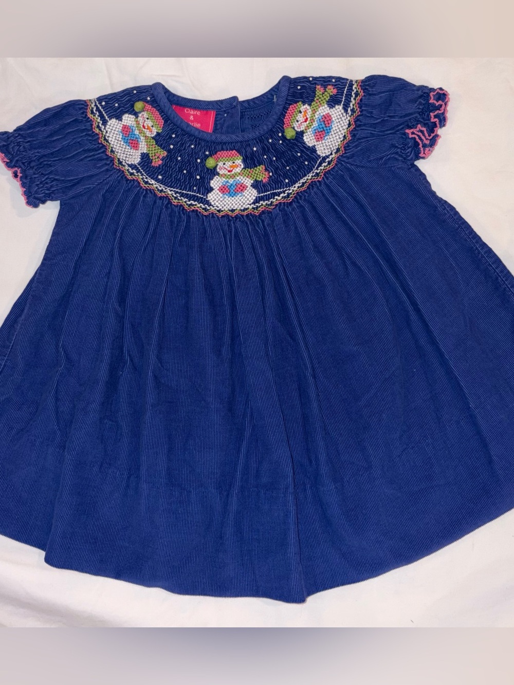 Claire and Charlie smocked & embroidered Blue Corduroy Snowman Dress sz 2T EUC
